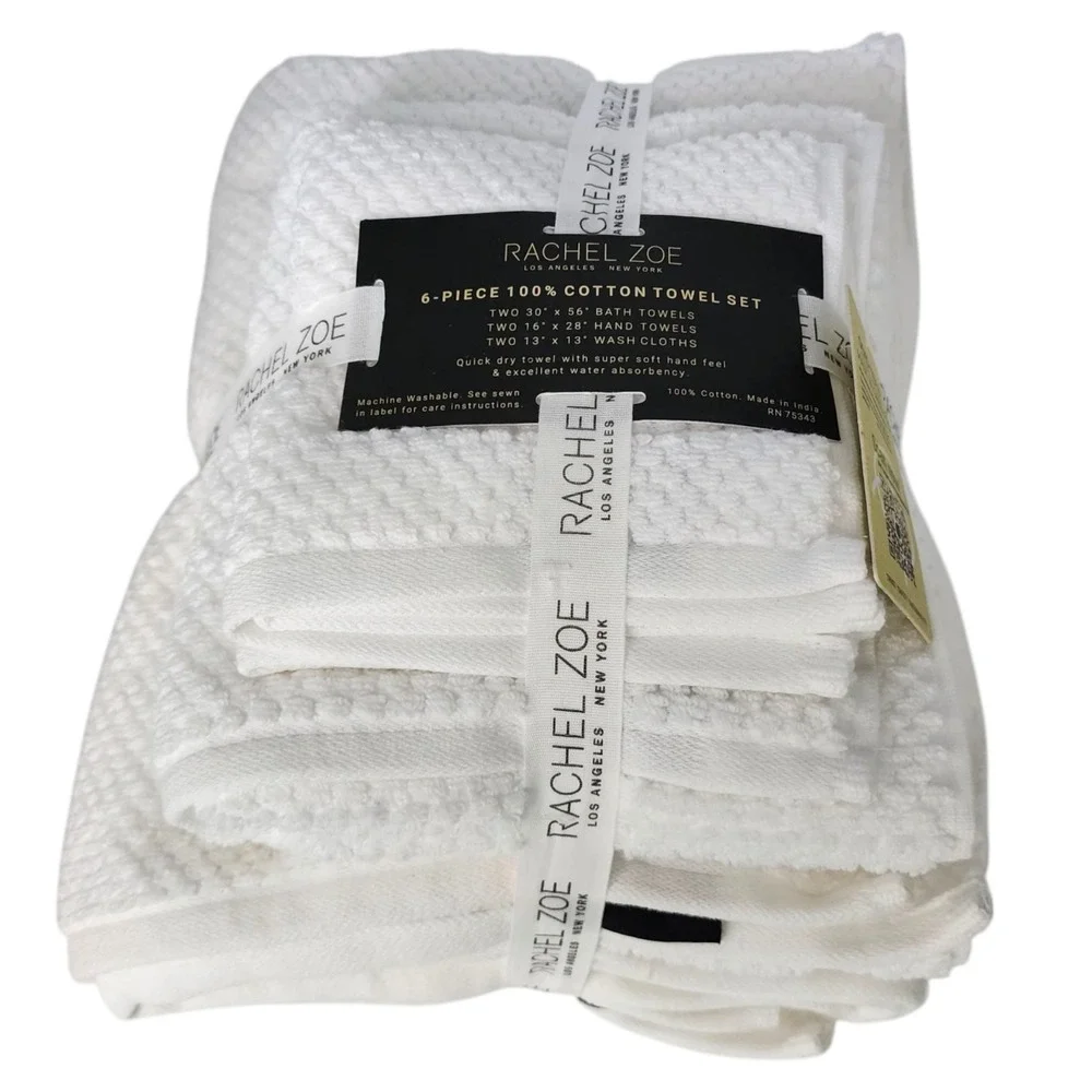 Rachel Zoe 6pc White Cotton Towel‎ Set 2 Bath 2 Hand 2 Washcloths